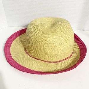 August Floppy Wide Brim Straw Sun Beach Hat Contrasting Band Around Brim PinkTan
